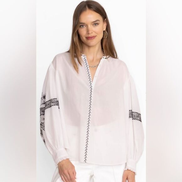 Johnny Was Tops - Johnny Was Kivi White Long Sleeve‎ Blouse with Black Embroidery